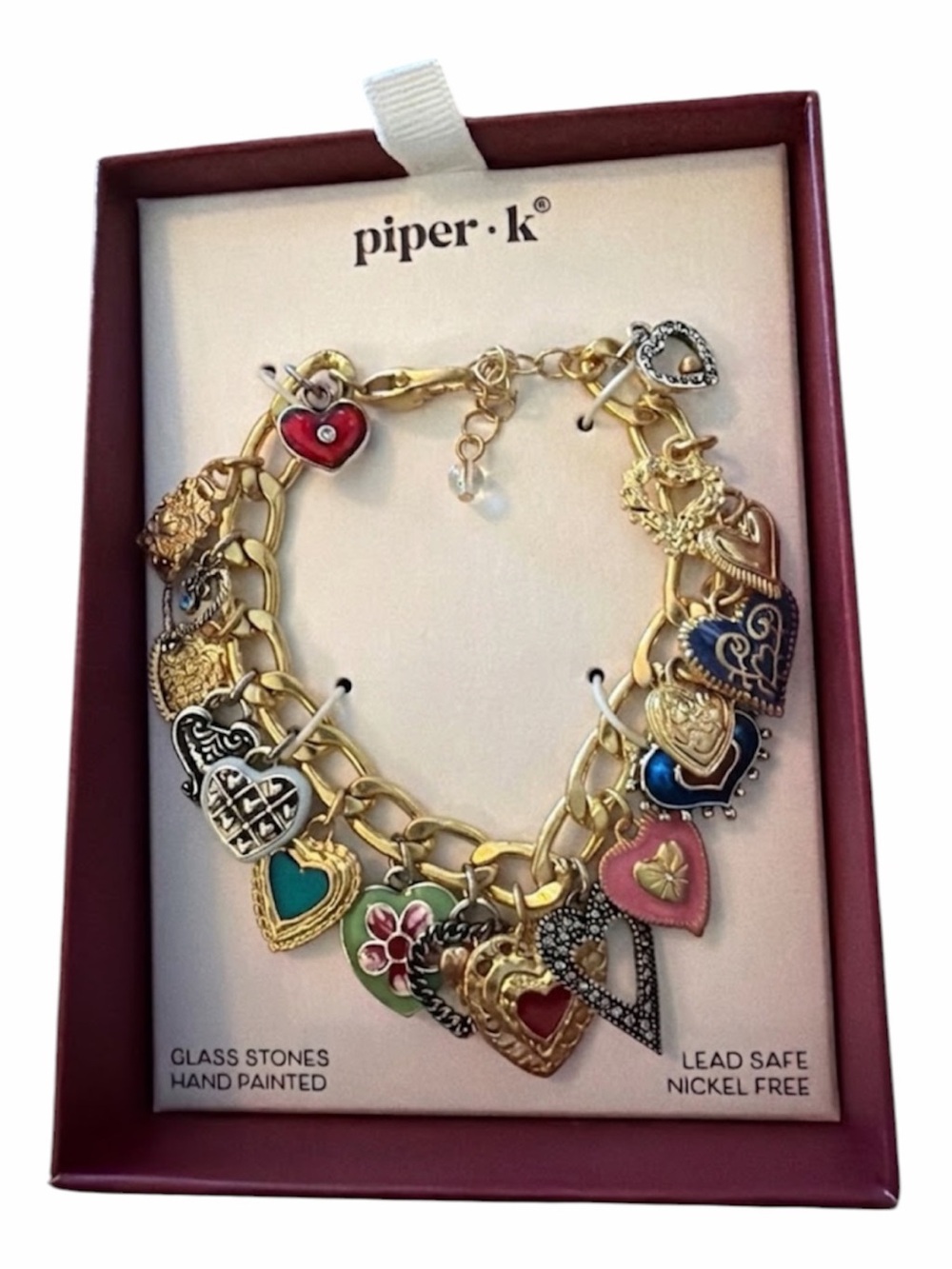 Piper K Heart Charm Bracelet Gold Tone Hand Painted Glass Stones NEW IN BOX